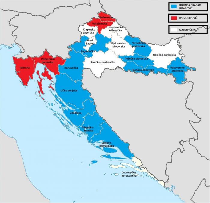 izborna karta hrvatske Kolinda vodi u 11, Josipović u 4, a u 6 županija je izjednačeno  izborna karta hrvatske